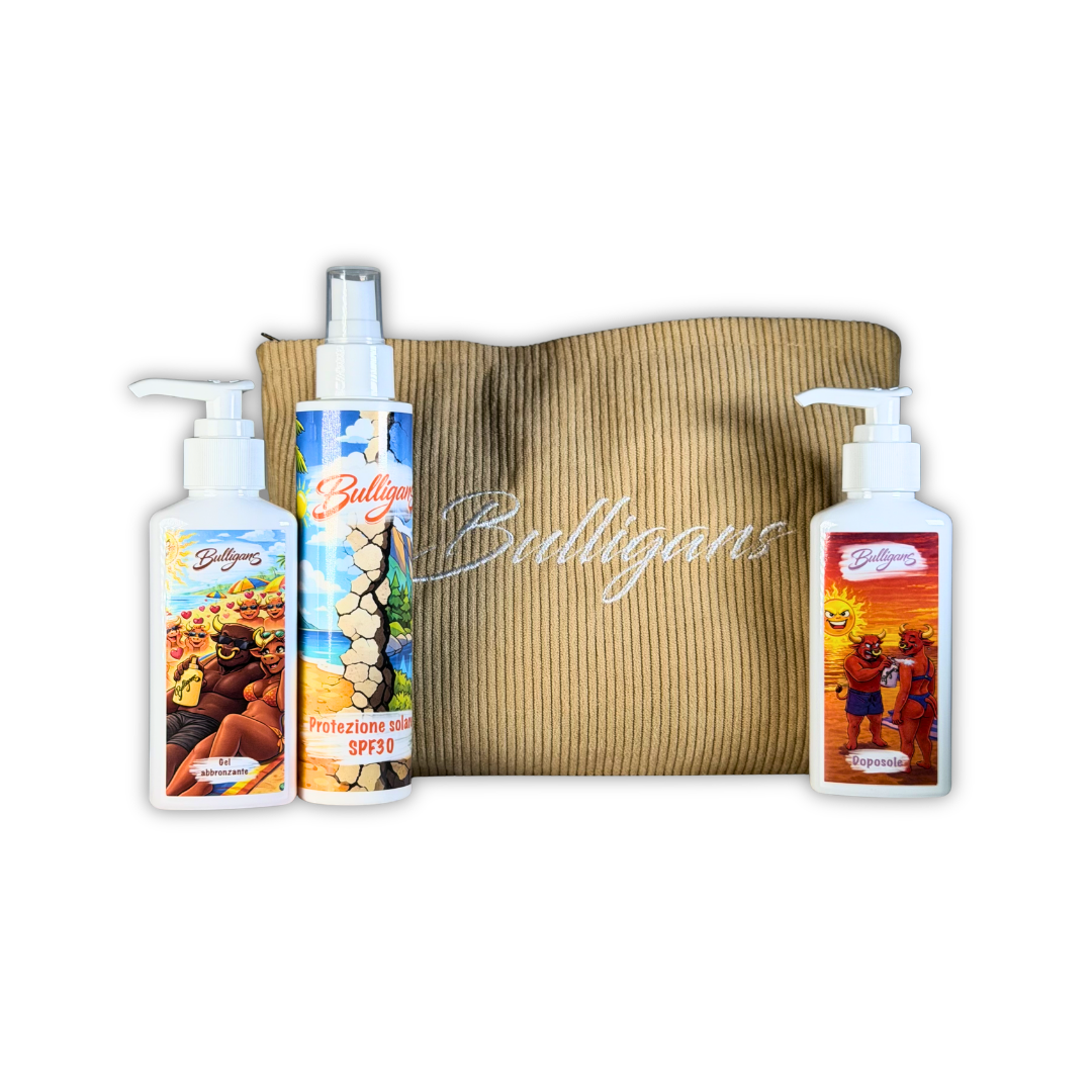 BOX PROTEZIONE COMPLETA - Medium - Gel Abbronzante, SPF 30, Doposole e Sacchetta Omaggio | Bulligans