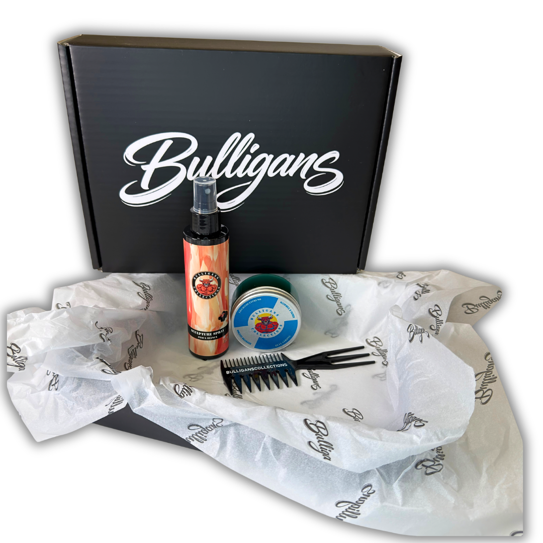 BOX SIDE PART EFFETTO LUCIDO TENUTA EXTRA con spray fissante, cera lucida bullstrong e pettine dentato | Bulligans