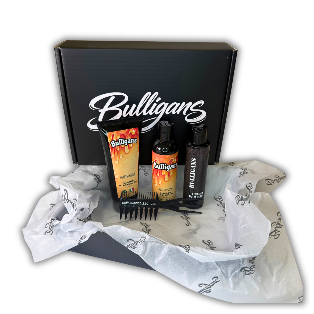 BOX RICCIO DEFINITO EFFETTO BAGNATO con shampoo e balsamo alla cheratina naturale, crema ricci e pettine dentato | Bulligans