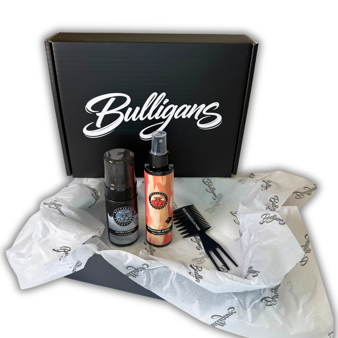 Box Middle Part Effetto Bagnato: spuma fissante, spray fissante e pettine dentato | Bulligans