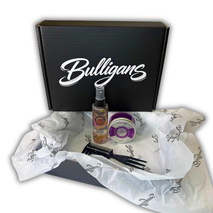 BOX CIUFFO GRAFFIATO EFFETTO BAGNATO con disciplinante, cera lucida purple e pettine a denti larghi | Bulligans