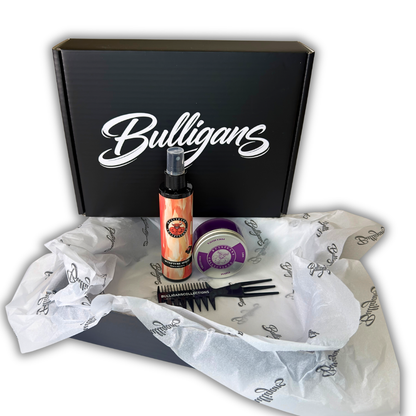 BOX MIDDLE PART CAPELLO LUNGO con cera lucida purple, spray fissante e pettine dentato | BULLIGANS 
