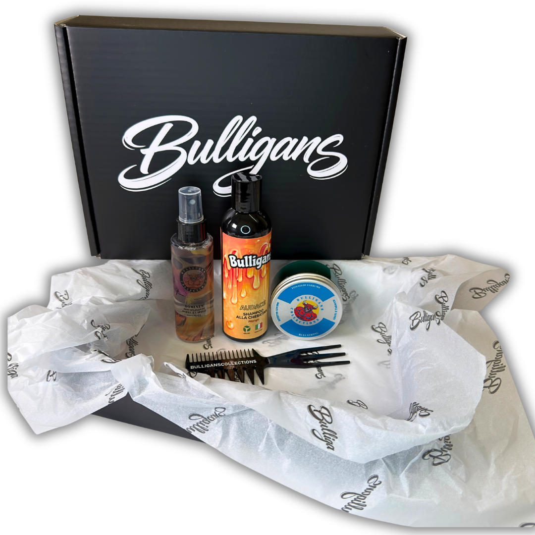 Box Passa da Mosso/Riccio a Liscio con disciplinante spray, shampoo audace, cera lucida bullstrong e pettine dentato