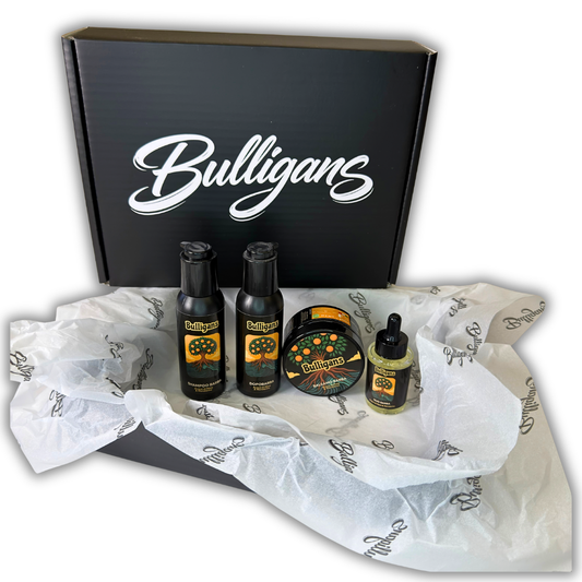 La Routine Completa Bulligans racchiude tutto il necessario per la cura quotidiana della barba shampoo barba, balsamo barba, dopobarba e olio barba