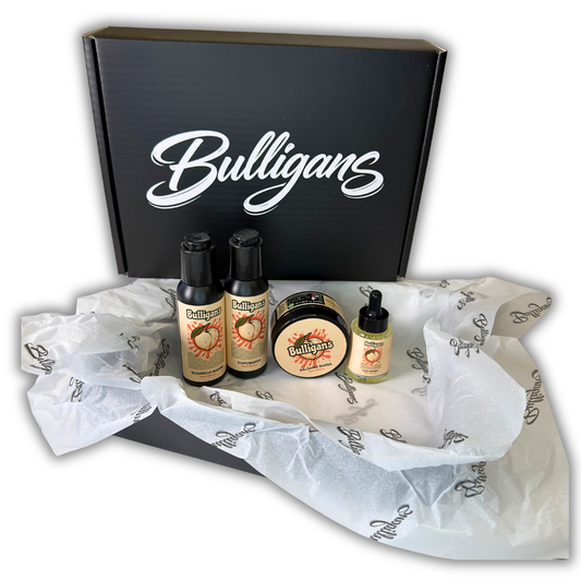 La Routine Completa Bulligans racchiude tutto il necessario per la cura quotidiana della barba shampoo barba, balsamo barba, dopobarba e olio barba