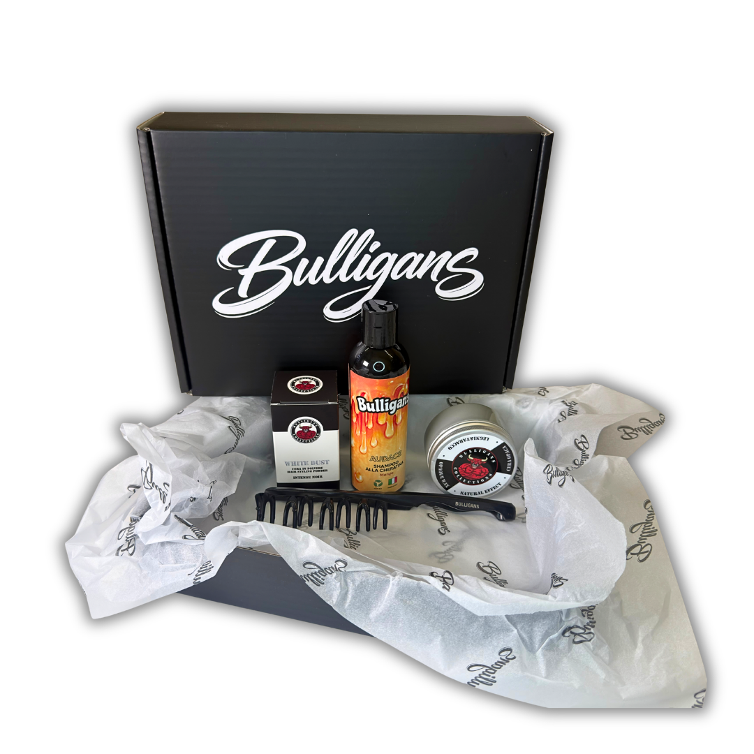 BOX PASSA DA LISCIO A MOSSO/RICCIO EFFETTO NATURALE con pettine a pinza, cera in polvere, shampoo alla cheratina naturale e cera opaca | Bulligans