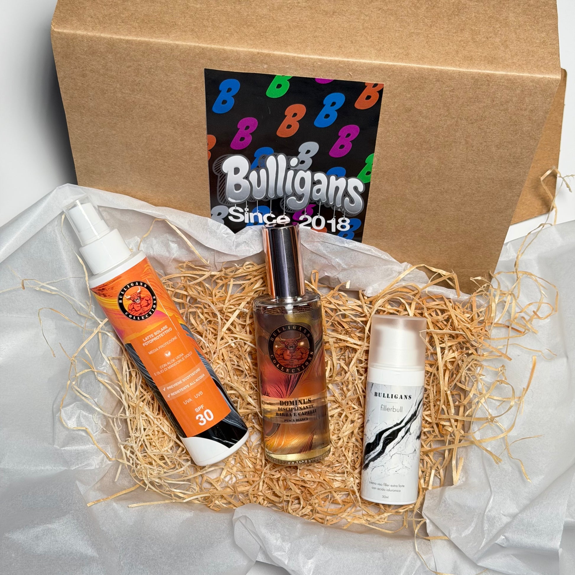 Box Vacanza: disciplinante anti-crespo + latte solare SPF + crema viso | Bulligans 
