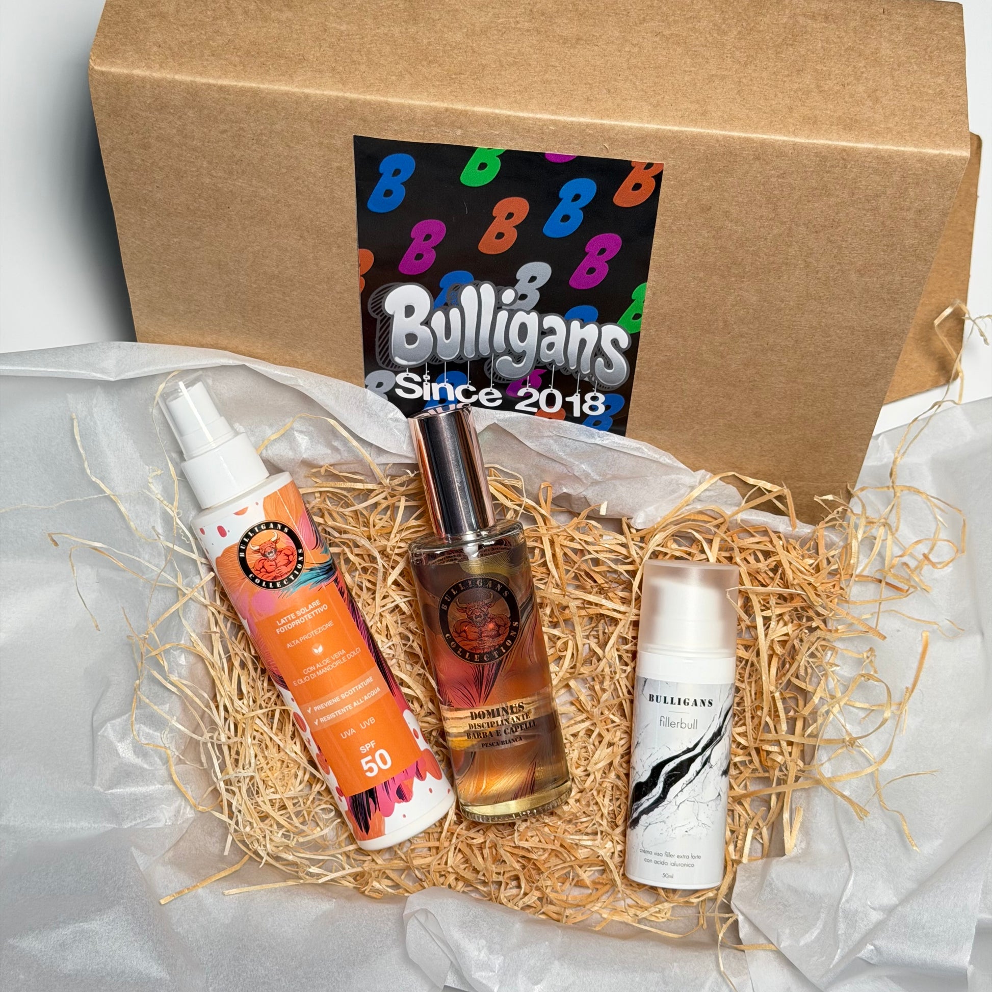 Box Vacanza: disciplinante anti-crespo + latte solare SPF + crema viso | Bulligans 